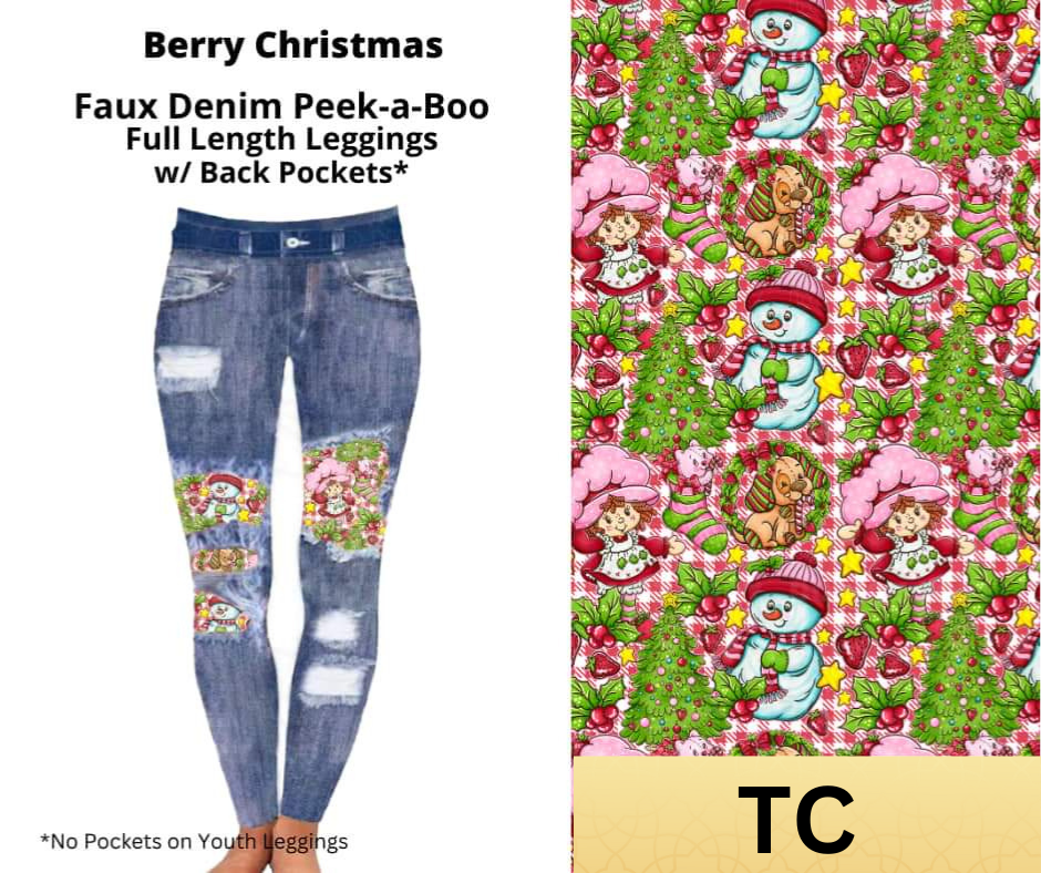 Berry Christmas Faux Denim Full Length Peekaboo Leggings