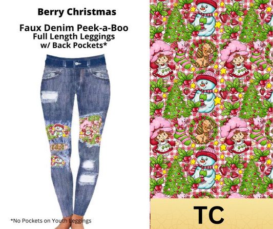 Berry Christmas Faux Denim Full Length Peekaboo Leggings