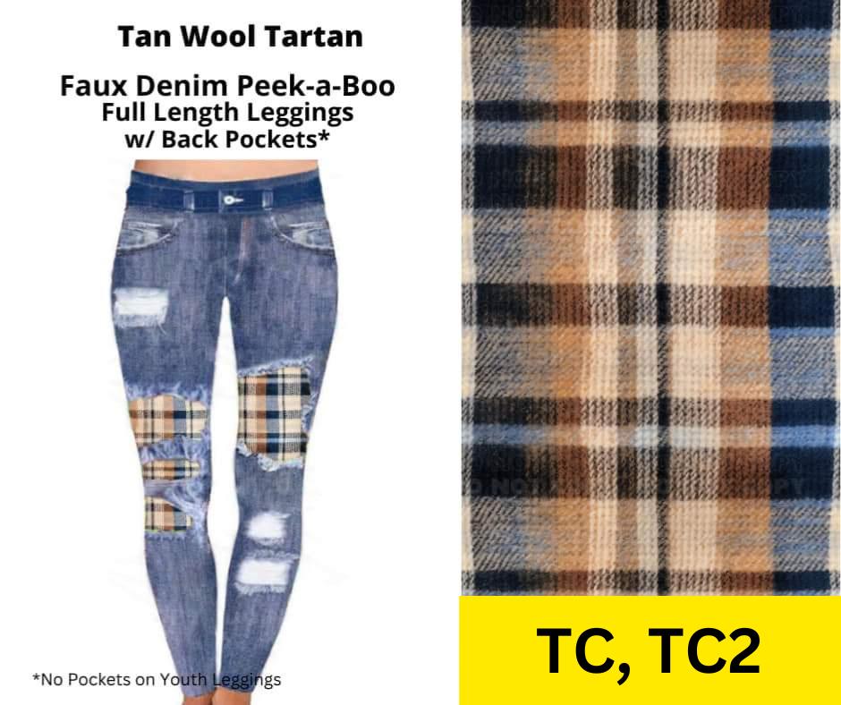 Tan Wool Tartan Faux Denim Full Length Peekaboo Leggings