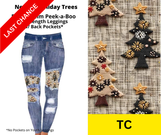 Neutral Holiday Trees Faux Denim Full Length Peekaboo Leggings