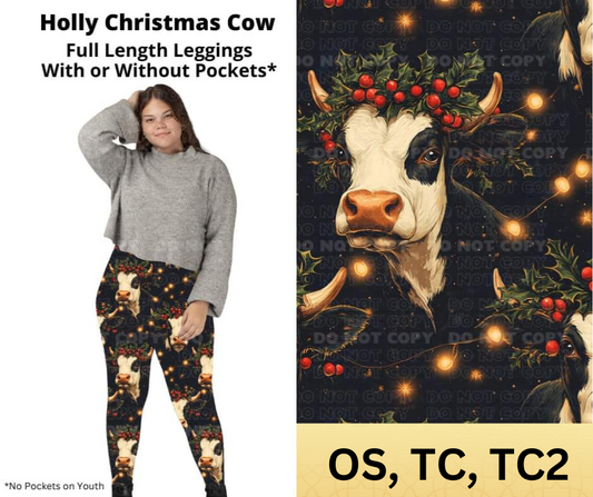 Holly Christmas Cow Full Length Leggings w/ Pockets