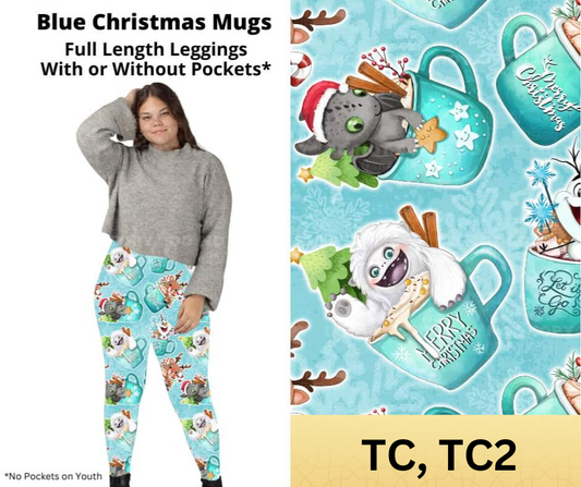 Blue Christmas Mugs Full Length Leggings w/ Pockets