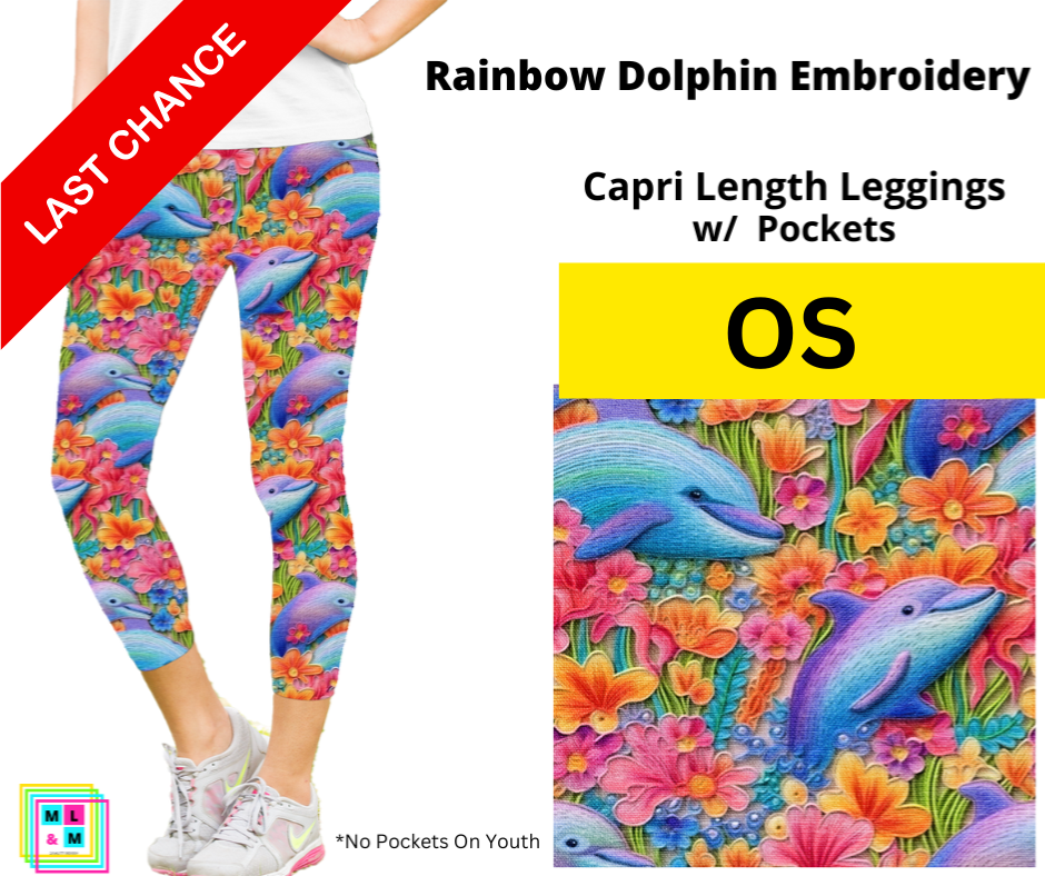 Rainbow Dolphin Embroidery Capri Length w/ Pockets