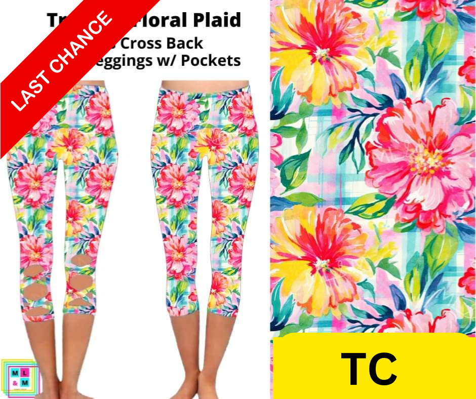 Tropical Floral Plaid Criss Cross Capri w/ Pockets