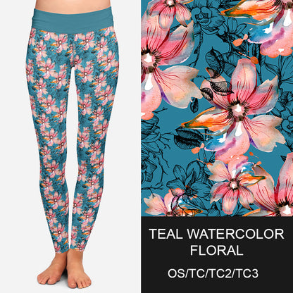 RTS - Teal Watercolor Floral Leggings w/ Pockets