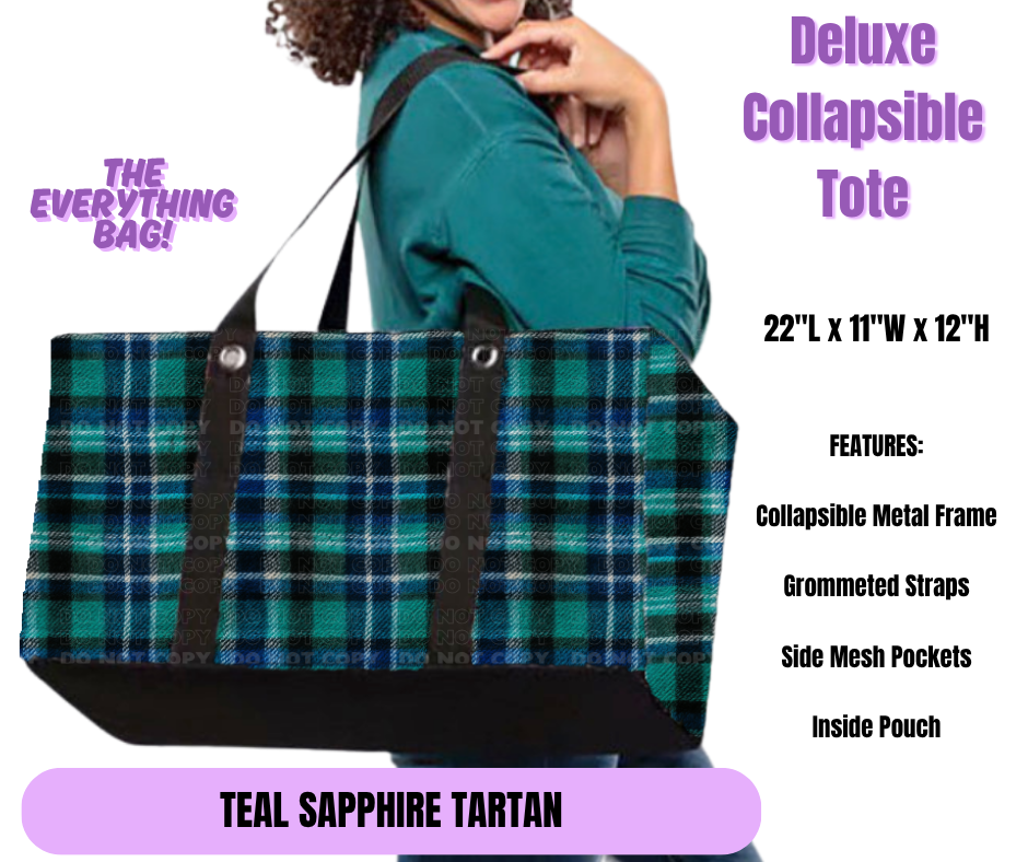 Teal Sapphire Tartan Collapsible Tote