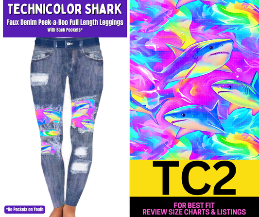 Technicolor Shark Faux Denim Full Length Peekaboo Leggings