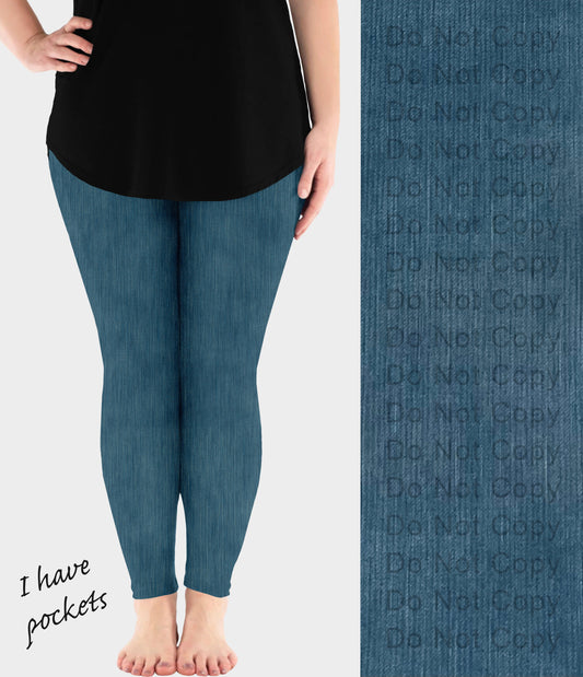 RTS - Tidal Blue Faux Denim Leggings w/ Pockets