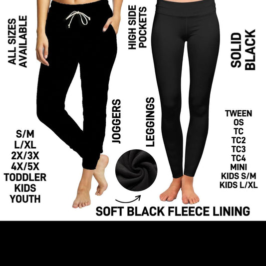 RTS - Solid Black Fleece-Lined Leggings with High Side Pockets