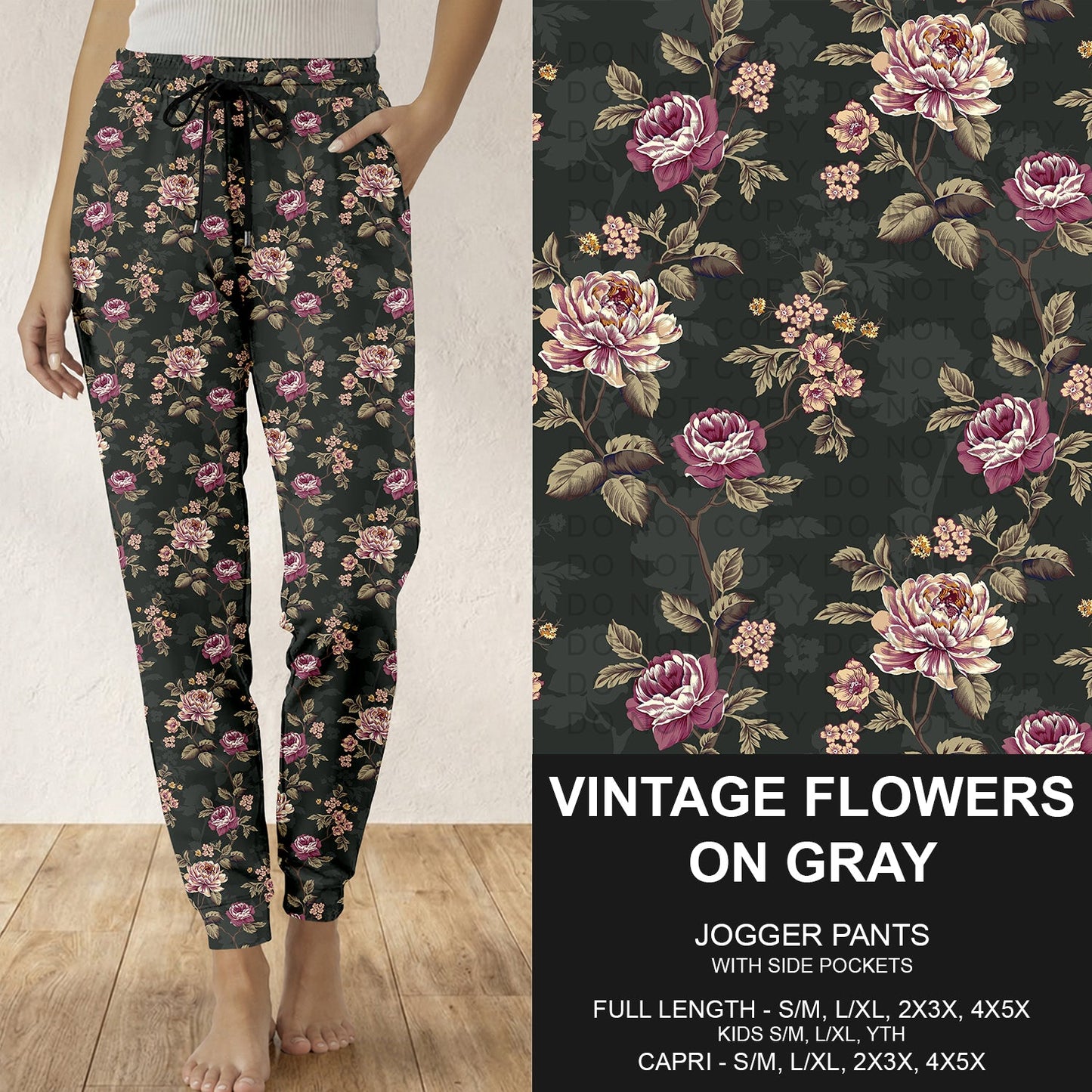 B310 - Preorder Vintage Flowers on Gray Joggers (Closes 8/30. ETA: late Oct.)