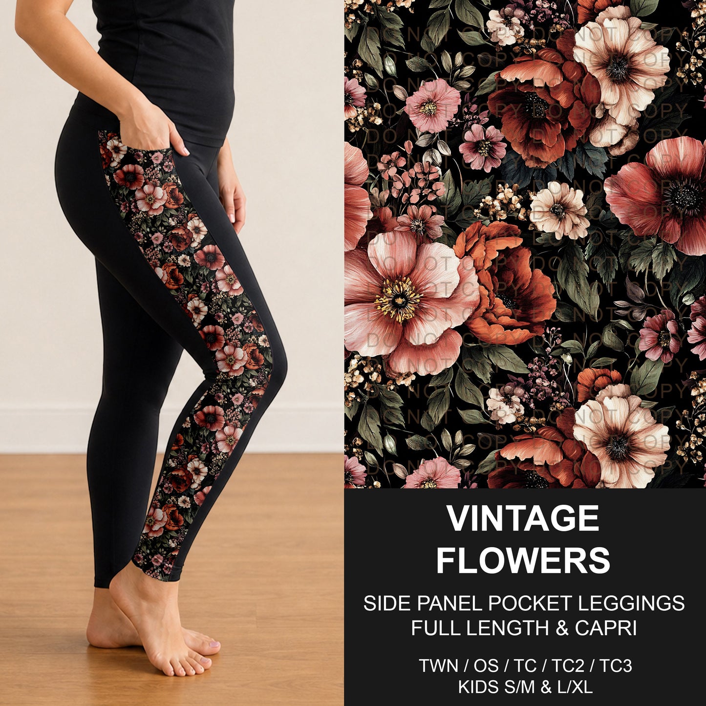 B300 - Preorder Vintage Flowers Side Panel Pocket Leggings (Closes 7/15. ETA: mid Sept.)