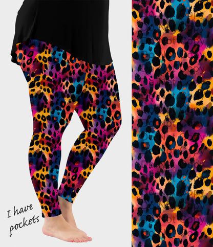 RTS - Vibrant Watercolor Leopard Print Leggings w/ Pockets