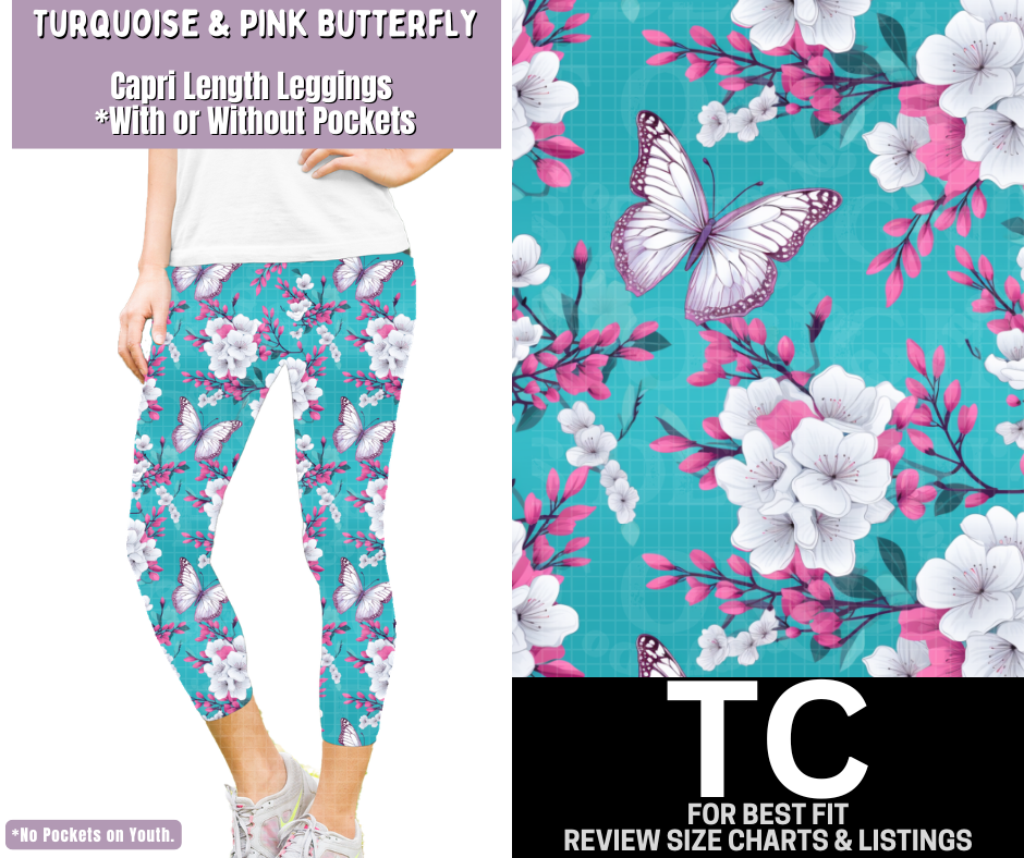 Turquoise & Pink Butterfly Capri Length Leggings w/ Pockets