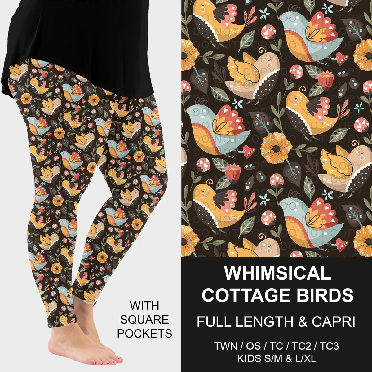 B316 - Preorder Whimsical Cottage Birds Leggings w/ Pockets (Closes 10/11. ETA: mid Dec.)