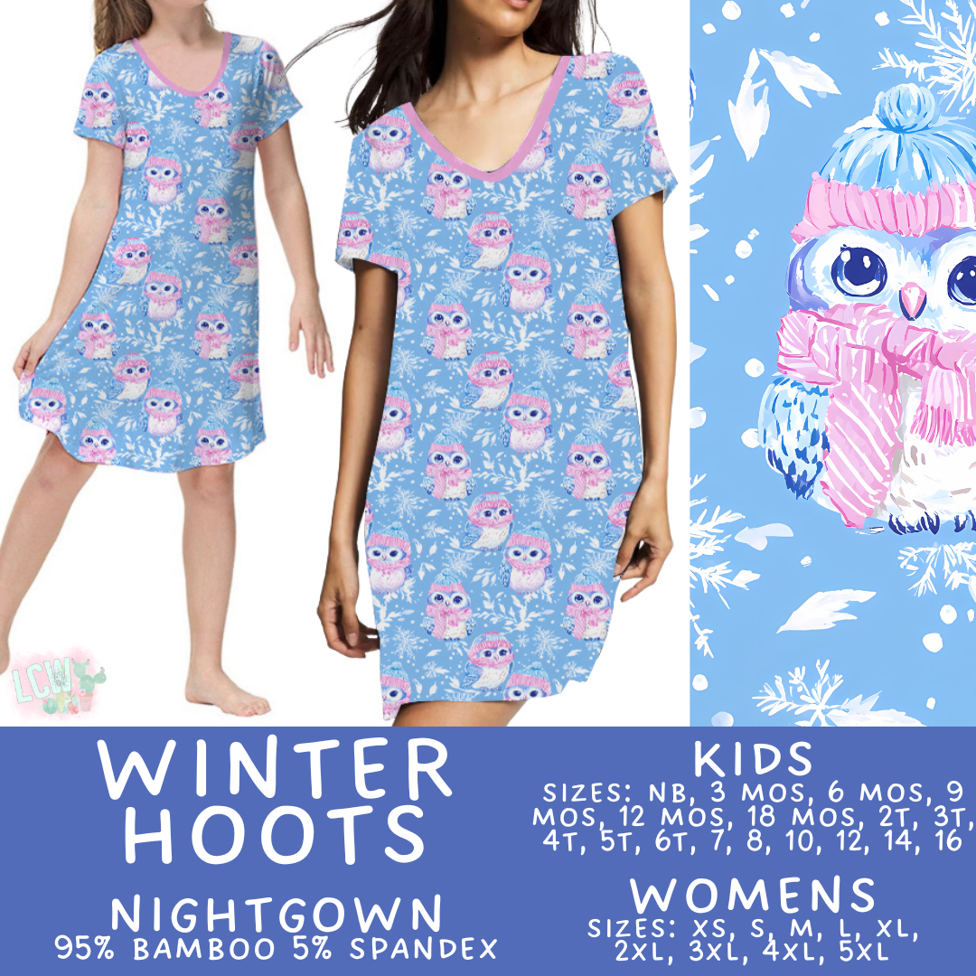 Ready to Ship - Winter Hoots Adult & Kid's Bamboo Nightgown - 5T & 8