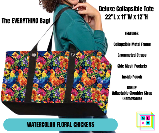 Watercolor Floral Chickens Collapsible Tote