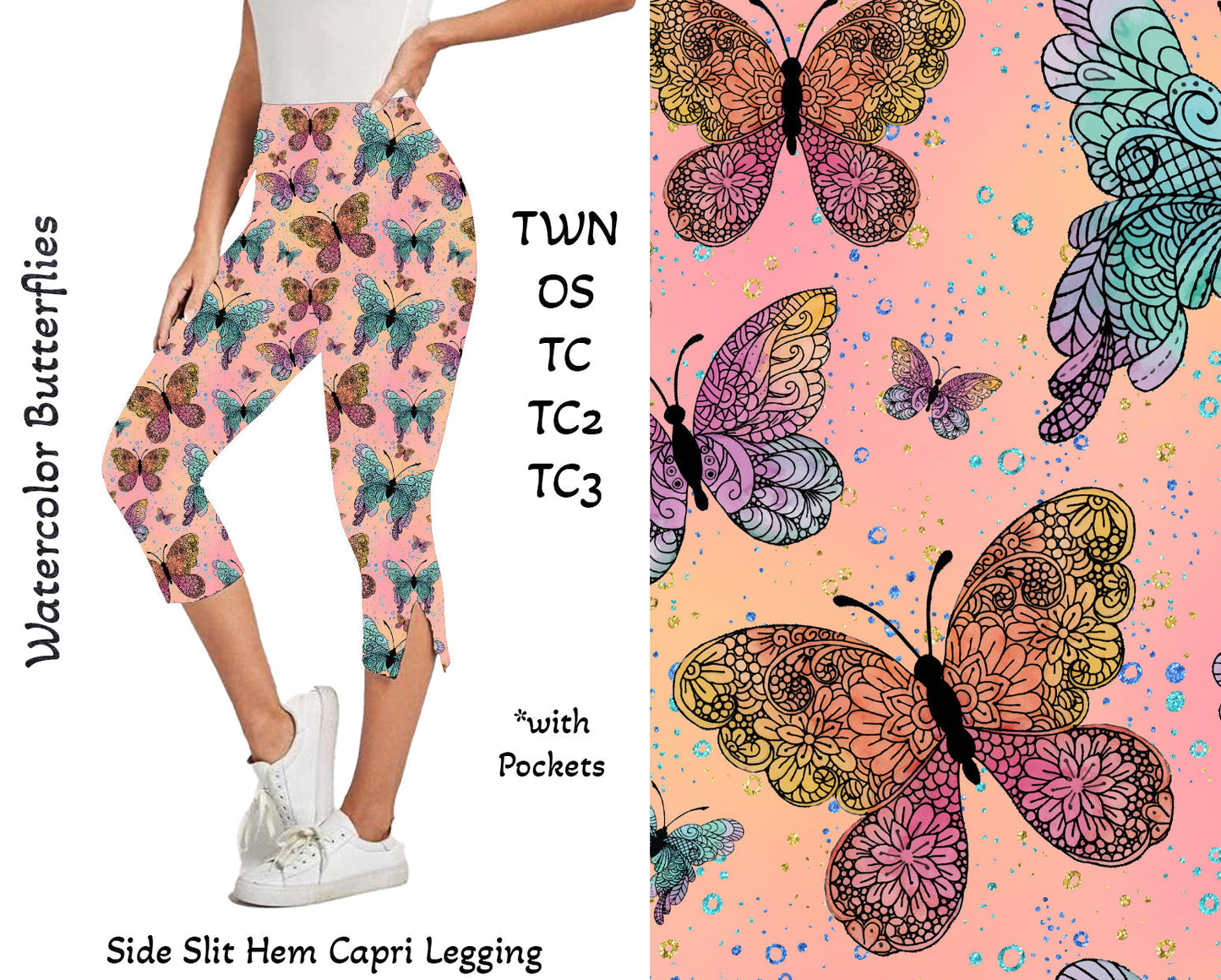 Watercolor Butterflies Side Slit Hem Capri Leggings with Pockets