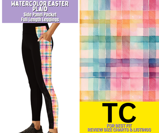Watercolor Easter Plaid Side Panel Pocket Full Length Leggings