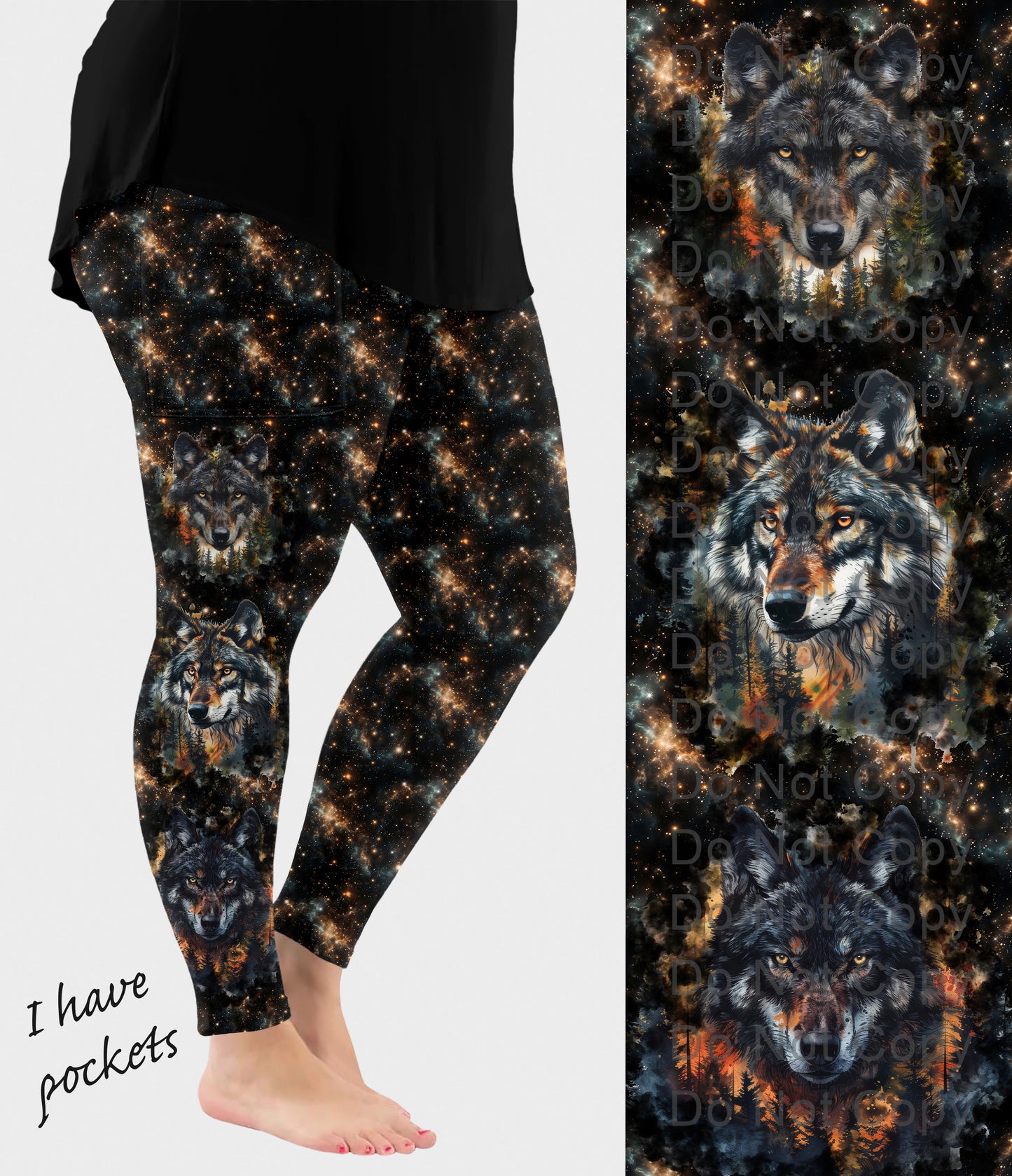 RTS - Wolf Trio Side Design Leggings with Pockets
