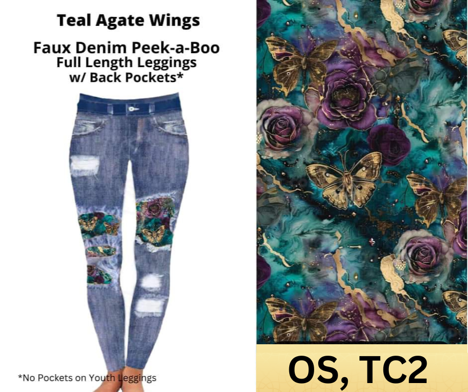 Teal Agate Wings Faux Denim Full Length Peekaboo Leggings