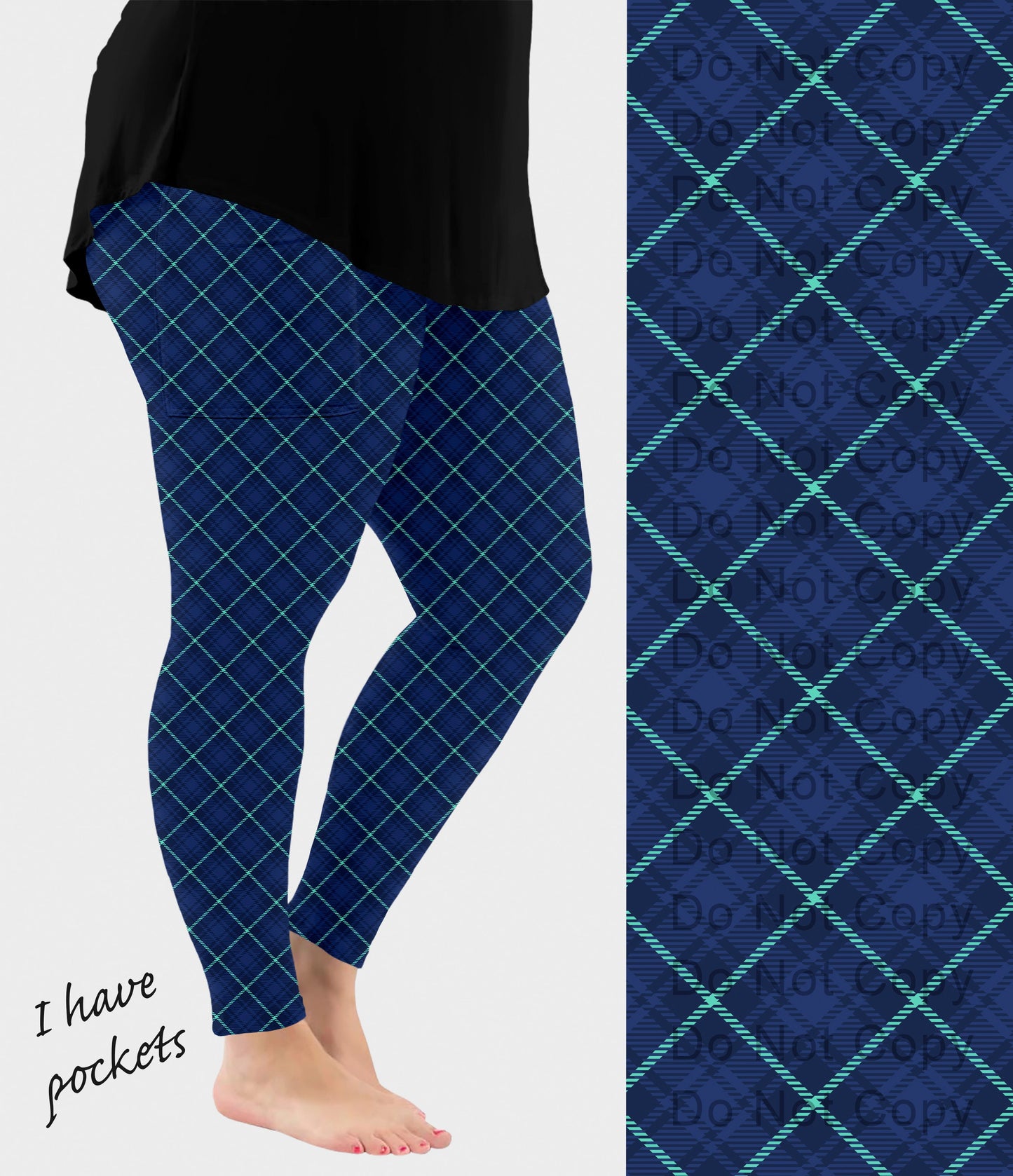 RTS - Blue Diagonal Plaid Leggings w/ Pockets