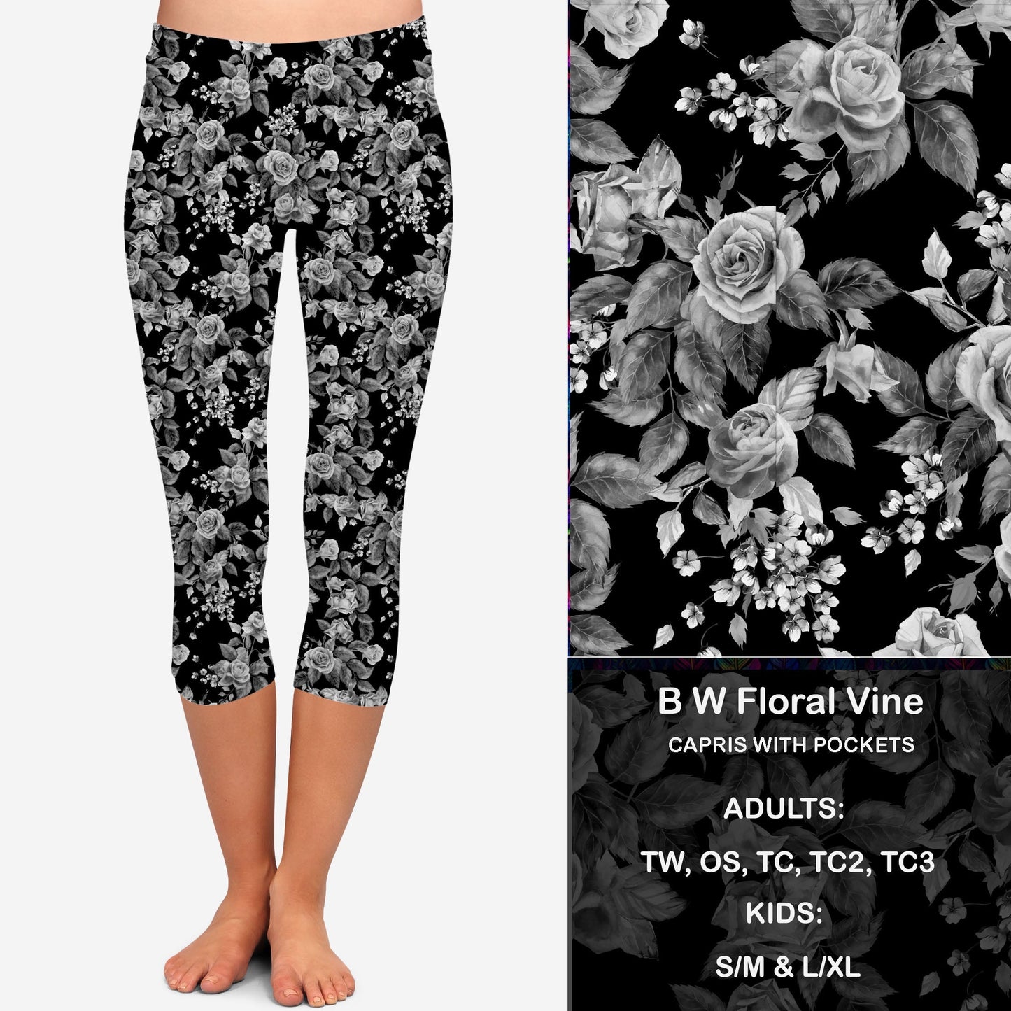 B W Floral Vine Leggings & Capris with Pockets