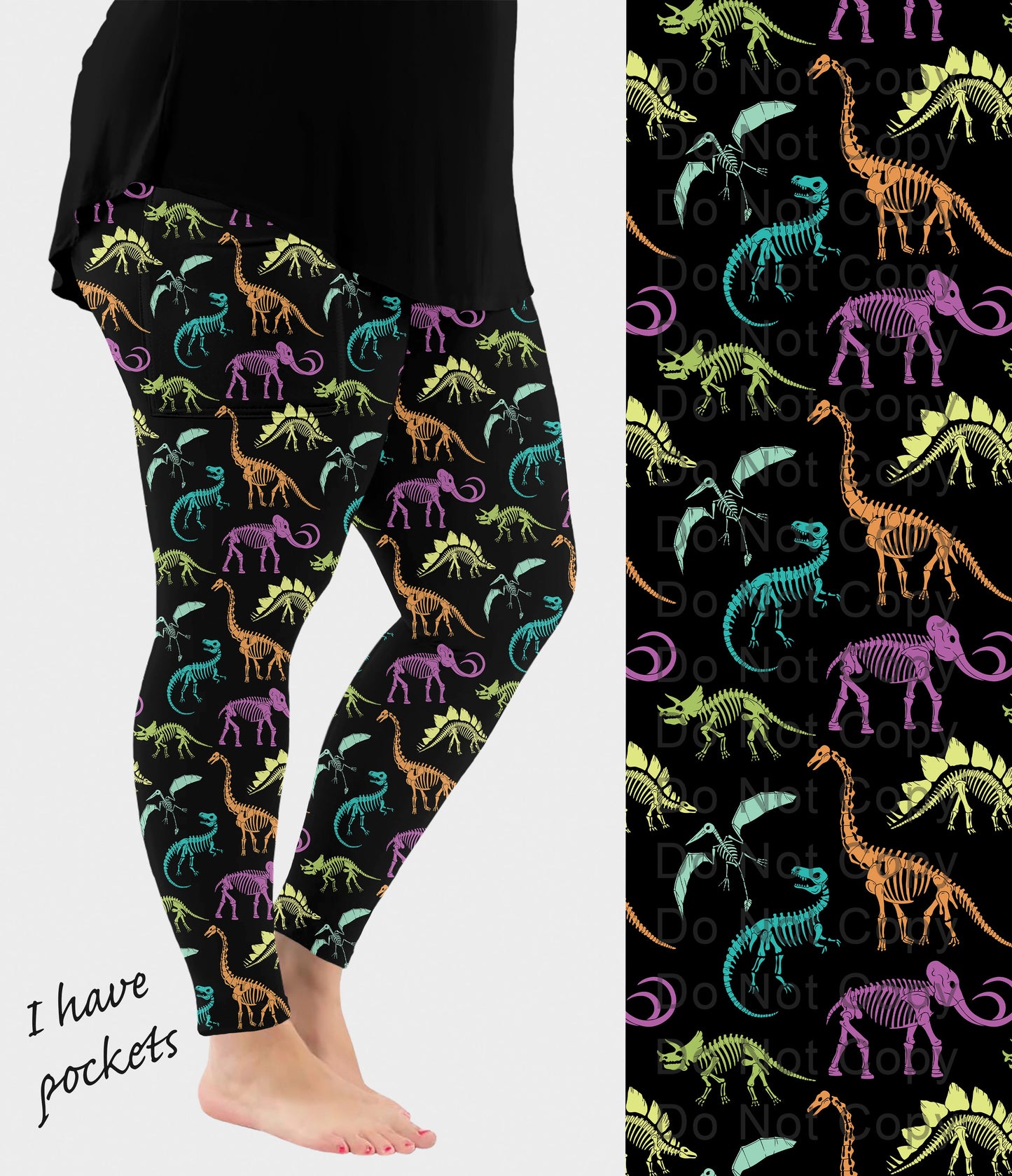 RTS - Colorful Dinosaur Skeletons Leggings with Pockets
