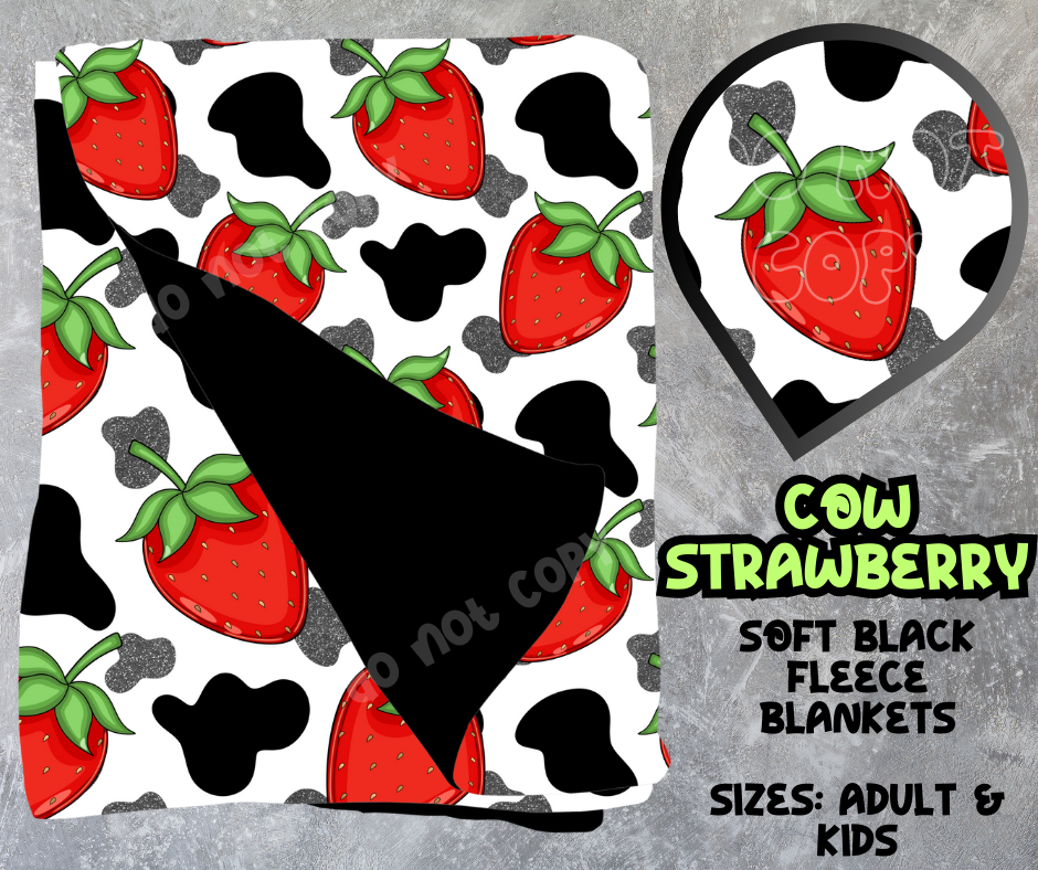 COW STRAWBERRY - SOFT BLACK FLEECE THROWS 8 - PREORDER CLOSING 2/21