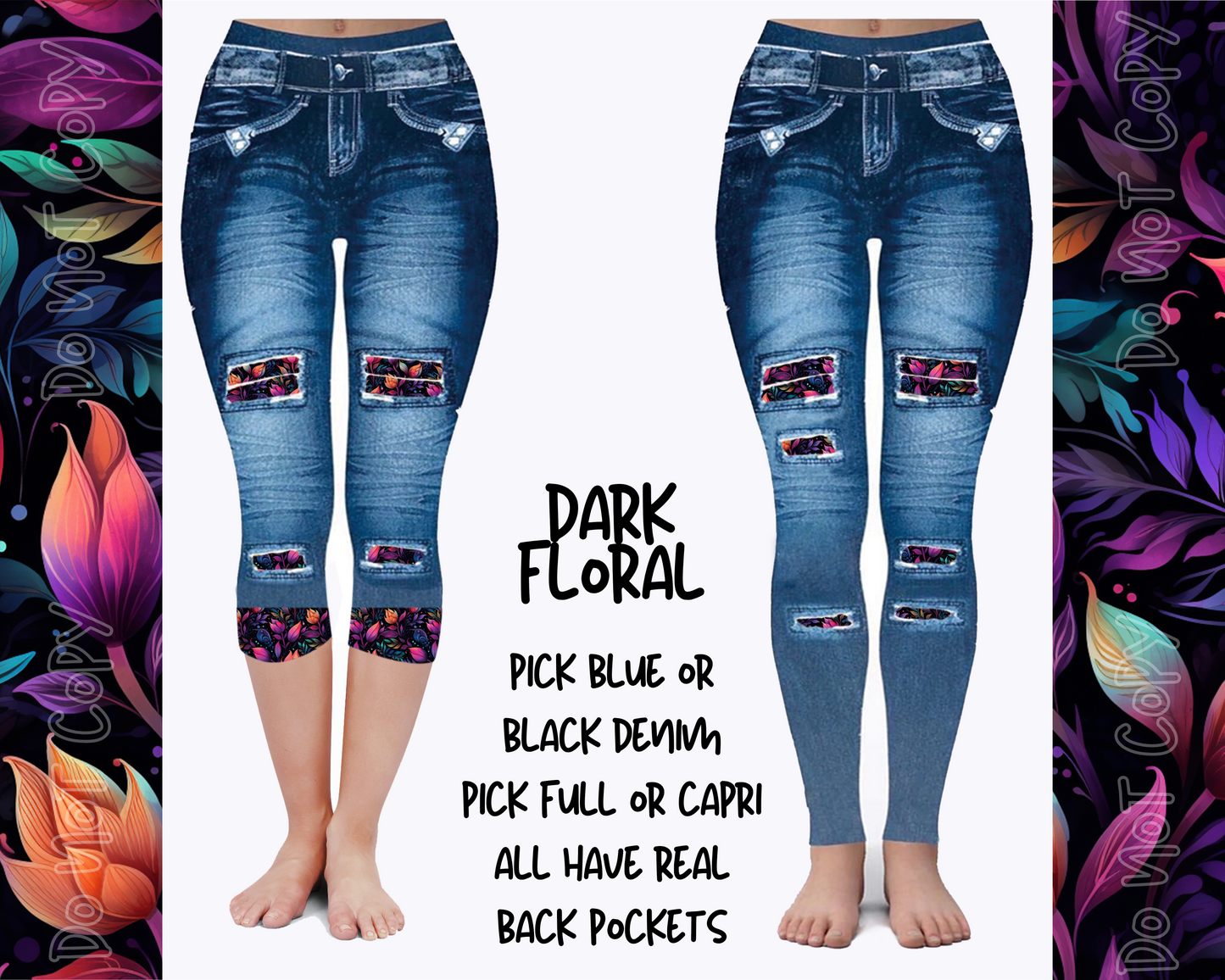 DARK FLORAL - DENIM RUN W/ BACK POCKETS - LEGGINGS/CAPRI