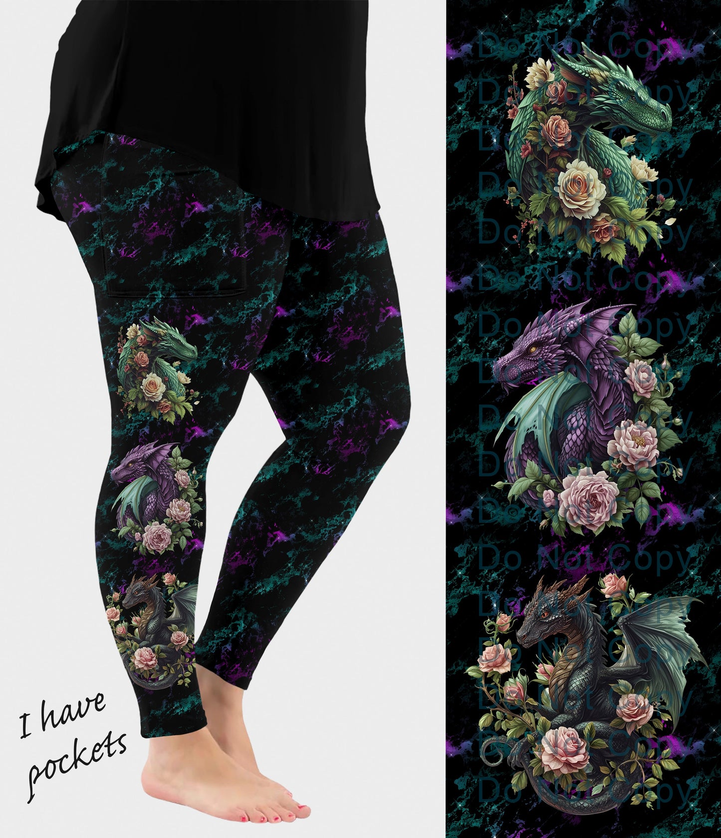 RTS - Dragon Trio Side Design Leggings with Pockets