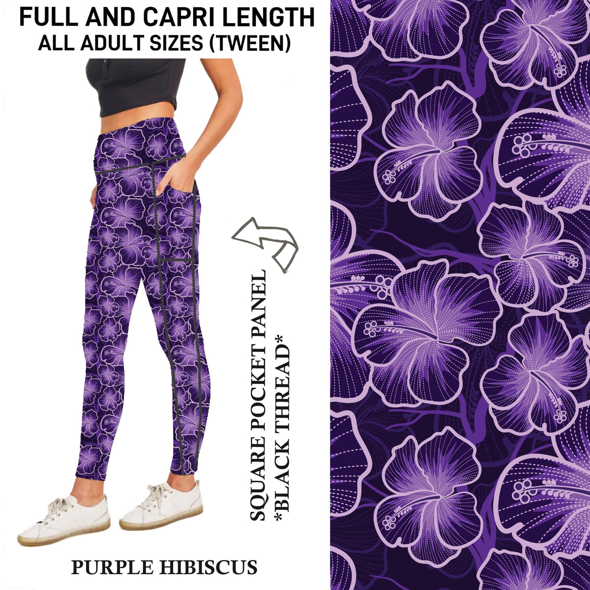 S3PJ - Purple Hibiscus Capris/Leggings with Square Pocket Panel - Preorder Due 10/28 ETA: Late Dec