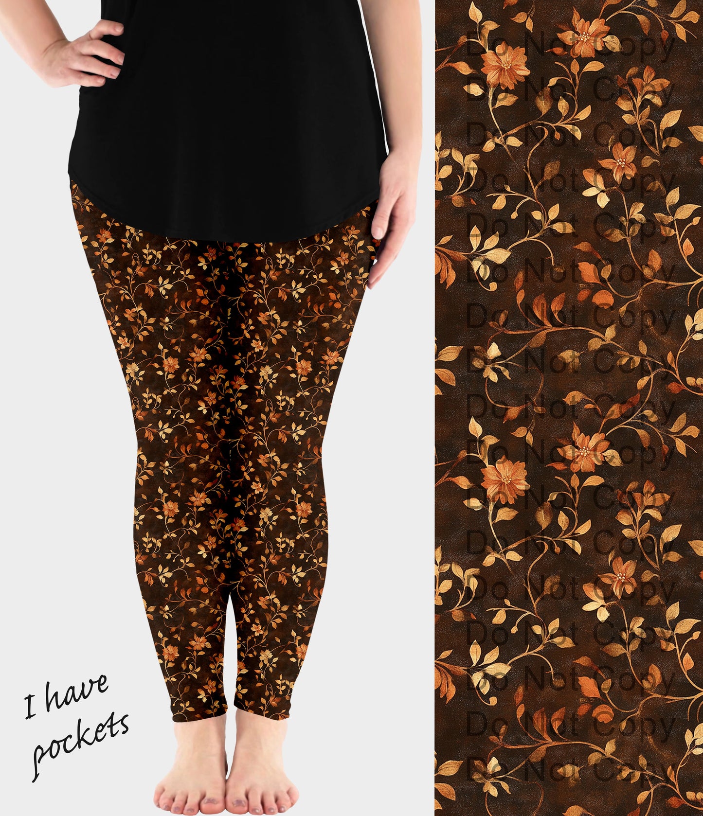 RTS - Elegant Floral Leaves Leggings w/ Pockets