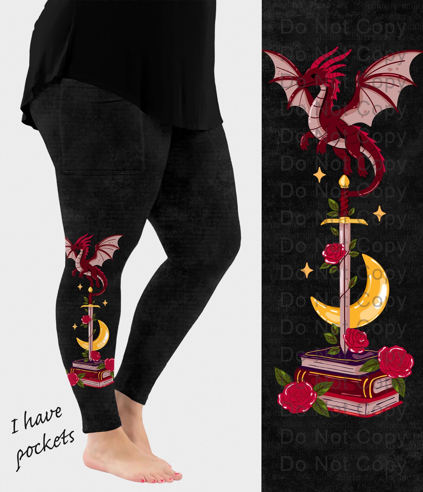 RTS - Fantasy Books Side Design Leggings with Pockets
