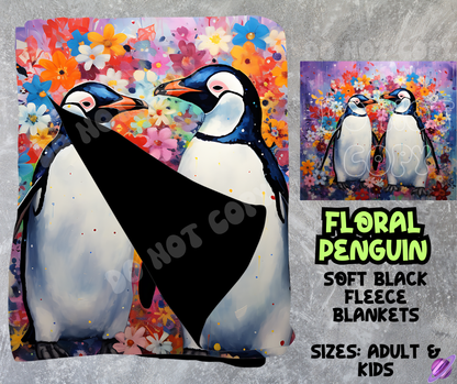 FLORAL PENGUIN - SOFT BLACK FLEECE THROWS 8 - PREORDER CLOSING 2/21