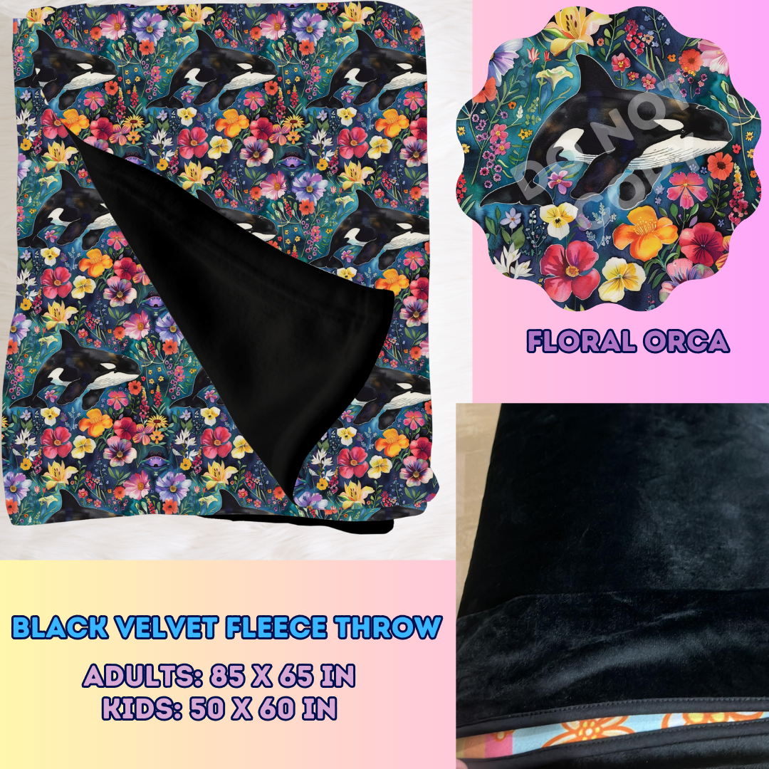 FLORAL ORCA- SOFT BLACK FLEECE THROW BLANKET