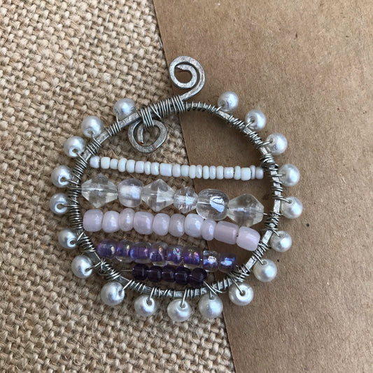 Purple and Pearl on Silver Circle Wire Wrapped Pendant on Cord Necklace