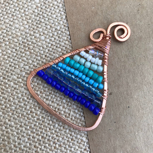 Blues on Copper Triangle Wire Wrapped Pendant on Cord Necklace