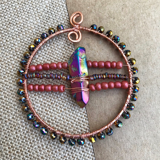 Oil Slick Crystal on Copper Wire Wrapped Pendant on Cord Necklace