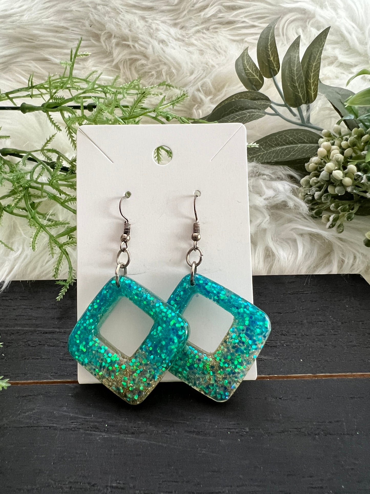 Aqua/Gold Diamond Resin Earrings