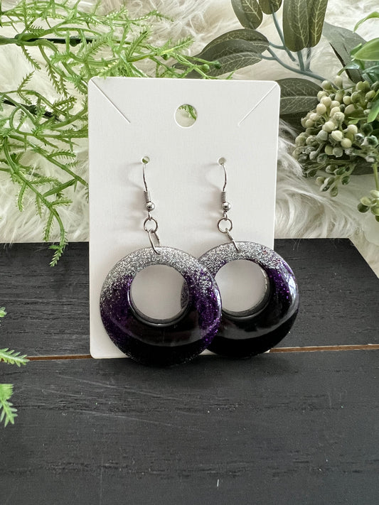 Silver/Purple/Black Circle Resin Earrings