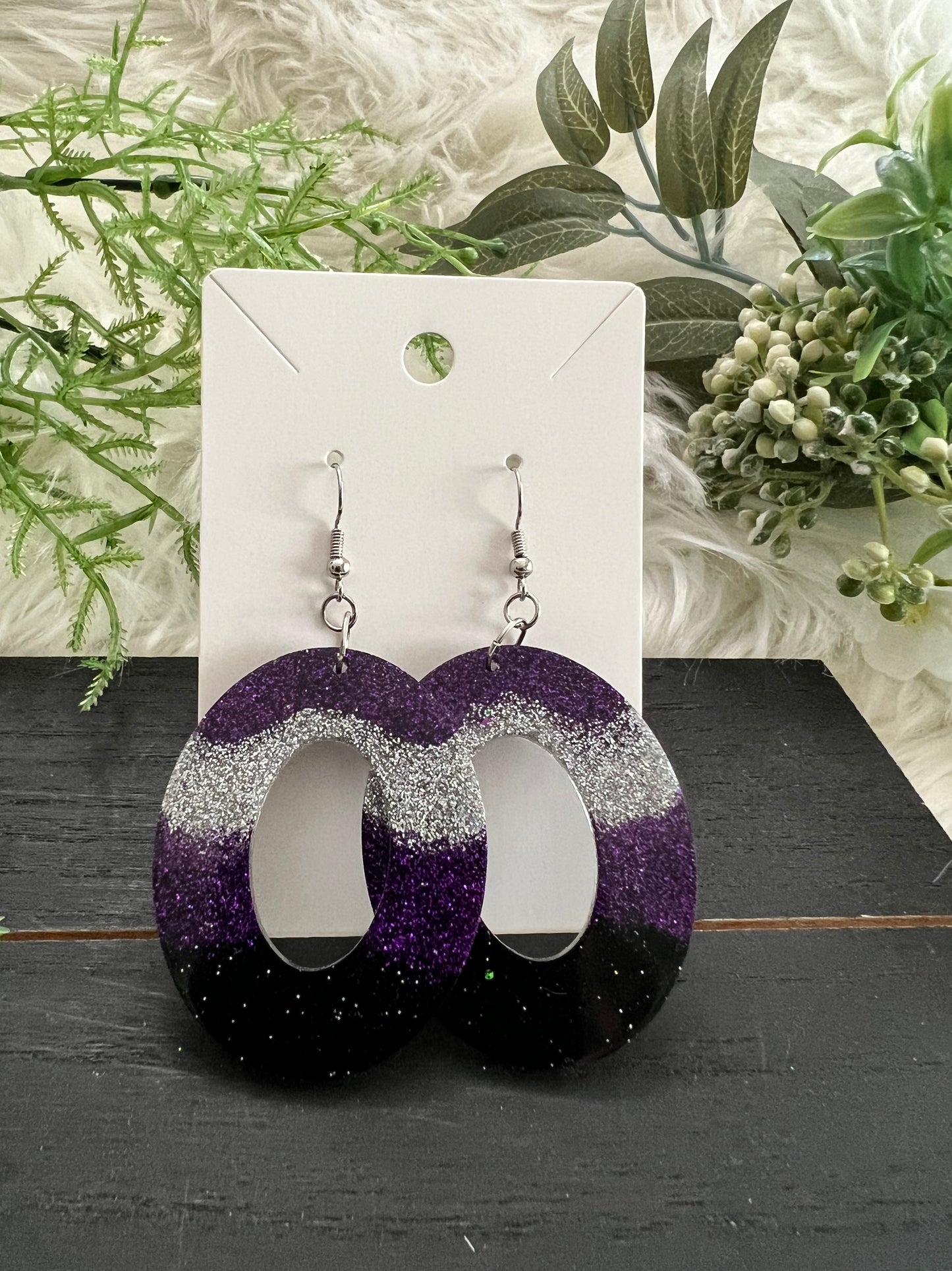 Black/Silver/Purple Oval Resin Earrings