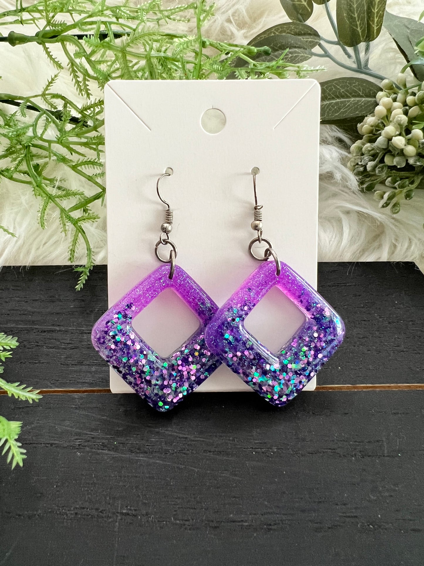 Purple/Aqua Diamond Resin Earrings