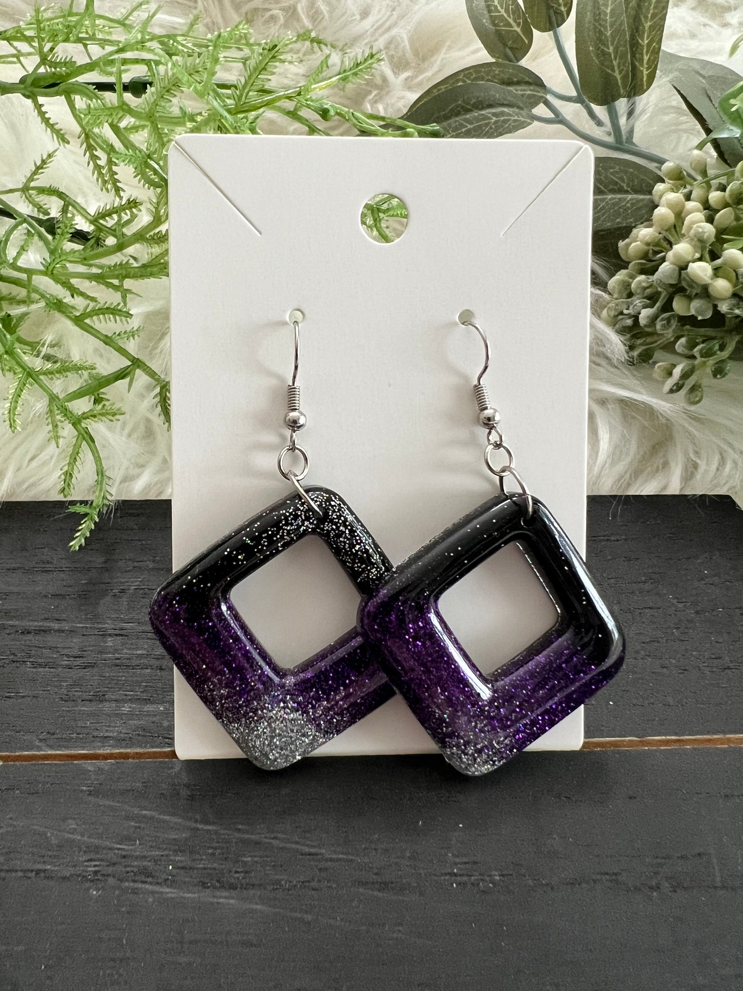Black/Silver/Purple Diamond Resin Earrings