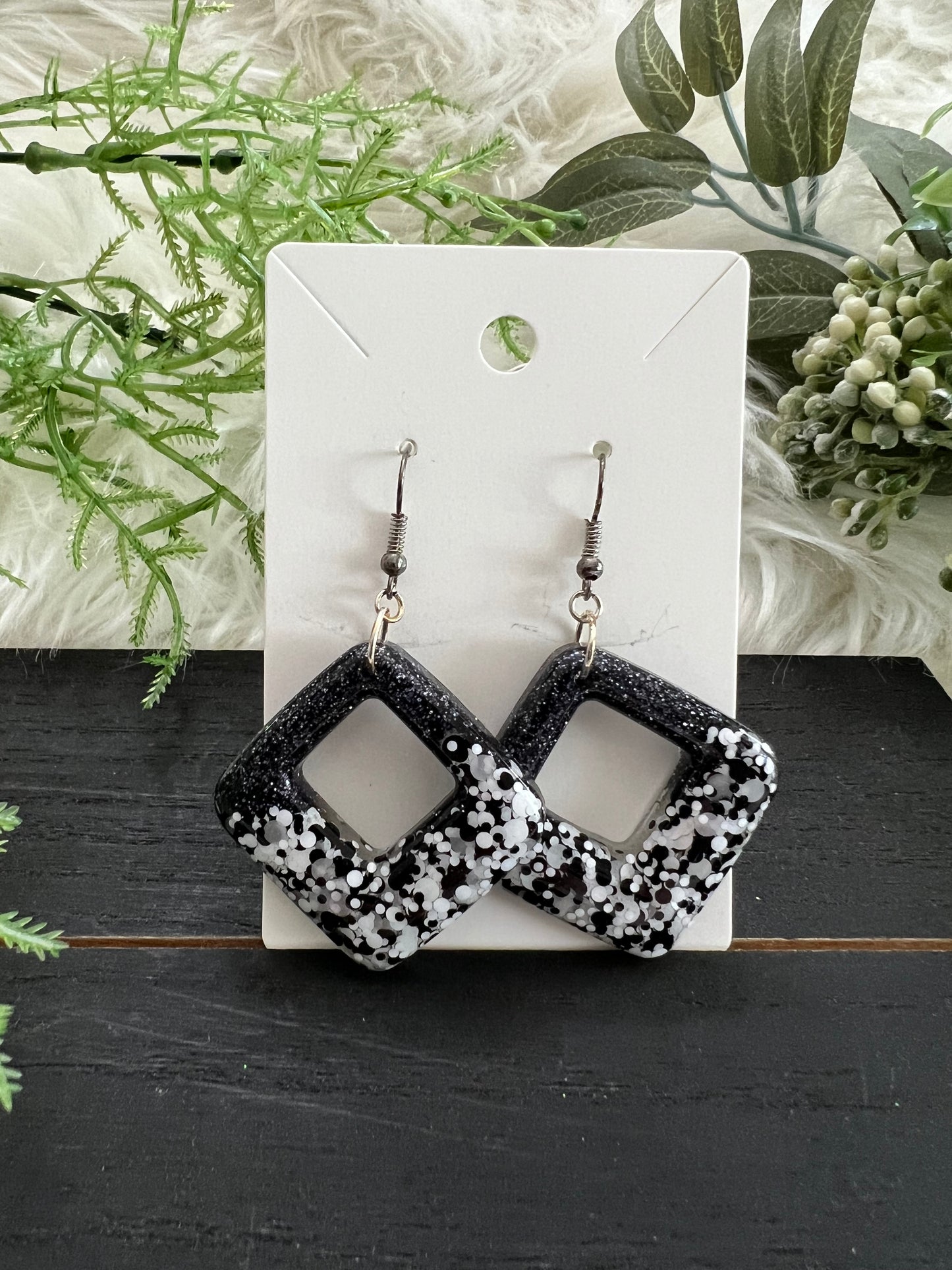 Black/White/Grey Diamond Resin Earrings