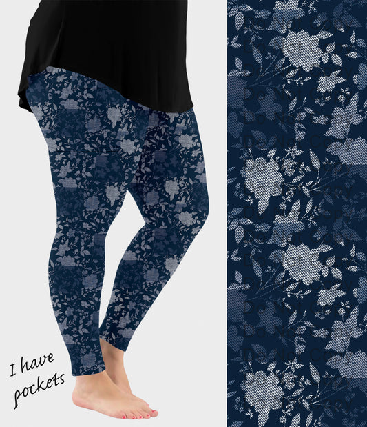 RTS - Indigo Blossom Faux Denim Leggings w/ Pockets