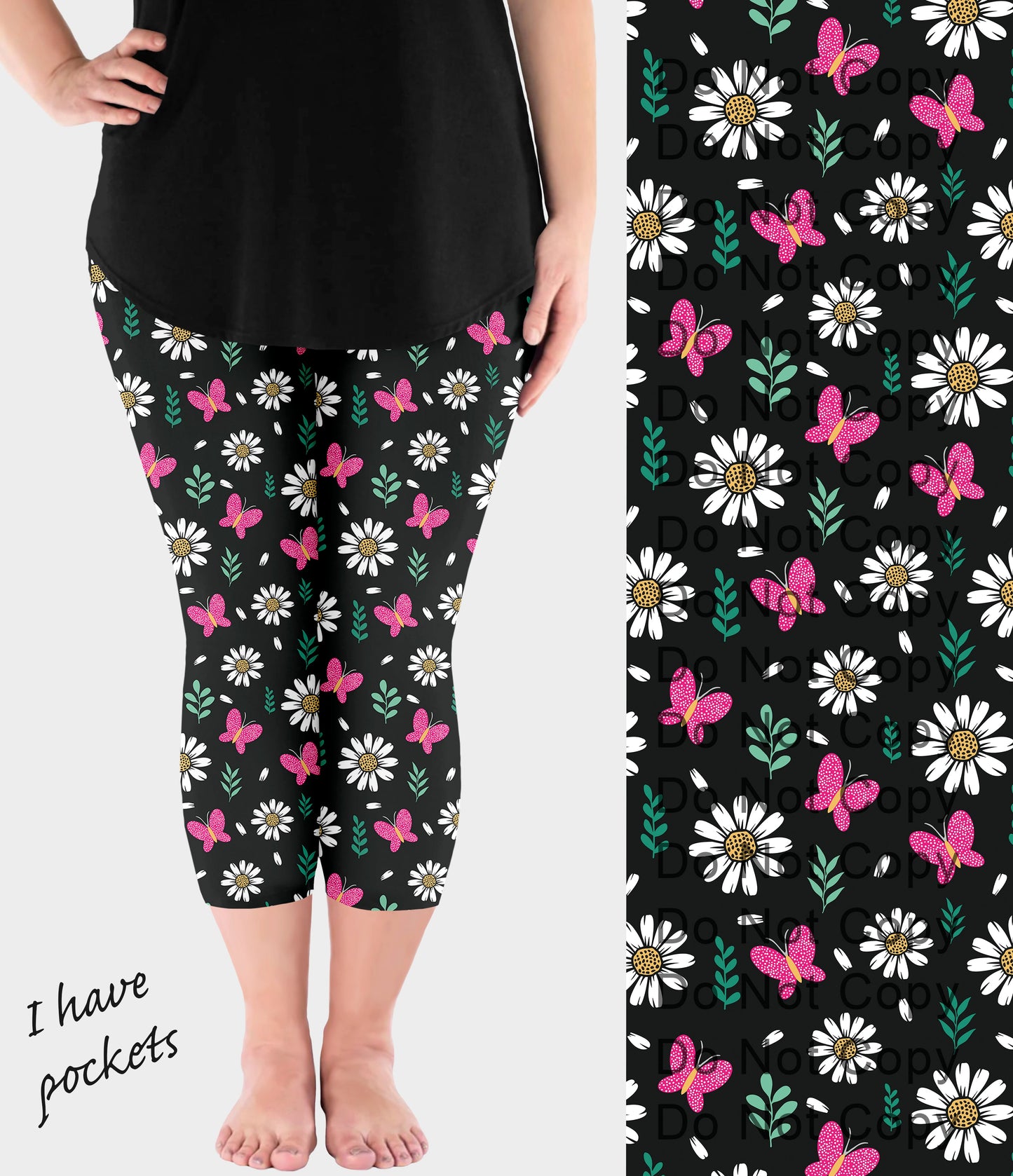 RTS - Polka Dot Butterfly Daisies Capri Leggings with Pockets