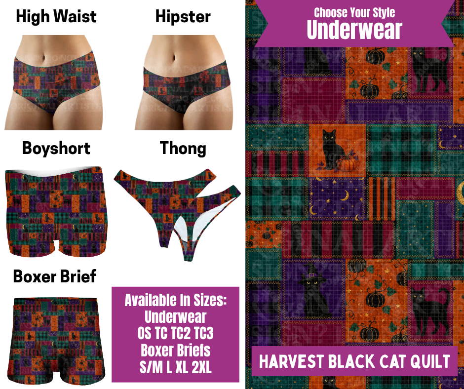 Preorder! Closes 6/24. ETA Sept. Harvest Black Cat Quilt Hipster, High Waist, Boyshort, & Thong Underwear & Boxer Briefs