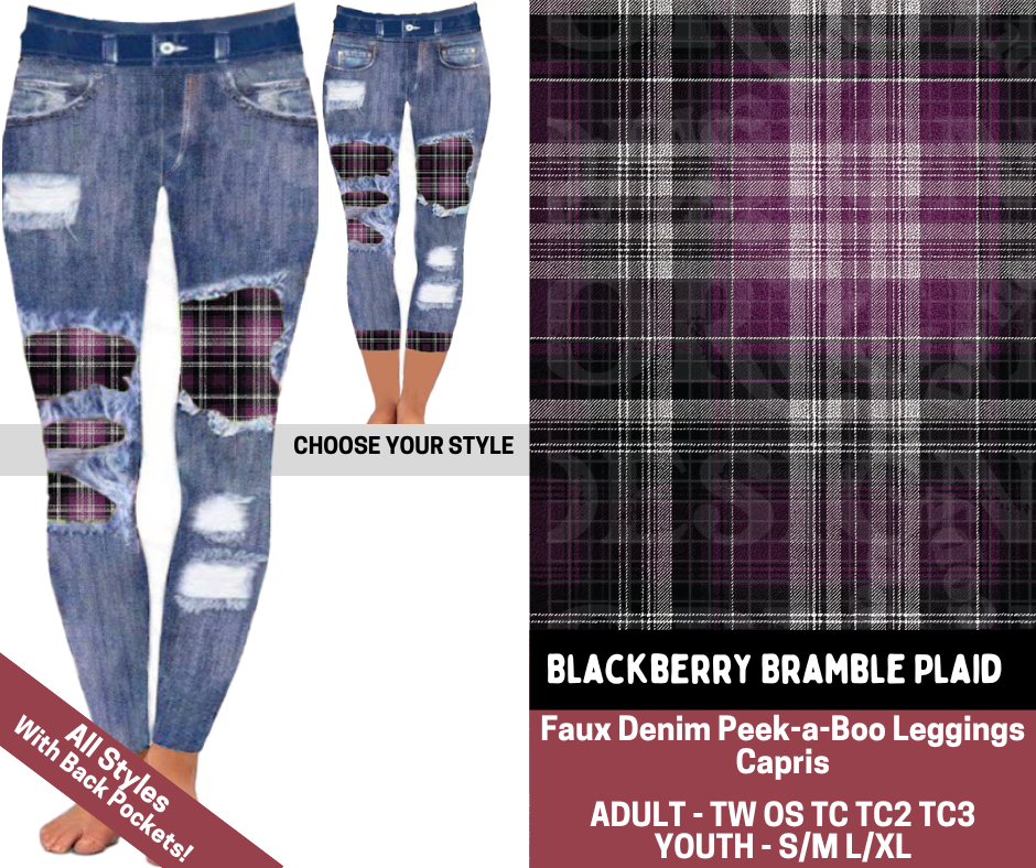 Preorder! Closes 7/23. ETA Oct. Blackberry Bramble Plaid Combo Faux Denim Peekaboo Legging Lengths