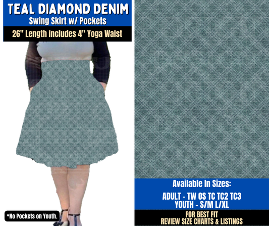 Preorder! Closes 9/16. ETA Dec. Teal Diamond Denim Swing Skirt