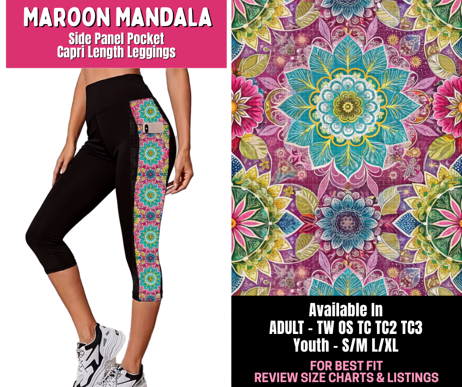 Preorder! Closes 1/1. ETA March. Maroon Mandala Panel Pocket Capri Length Leggings